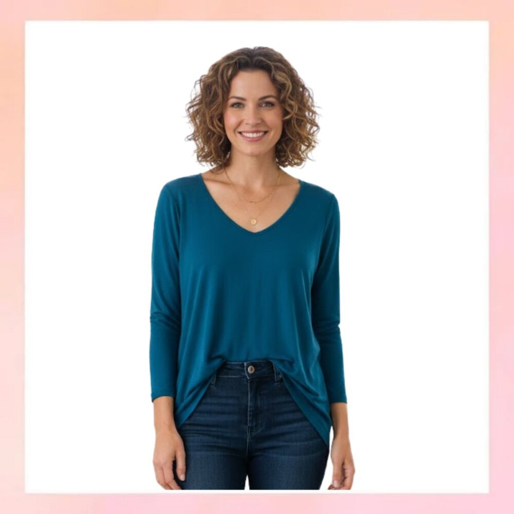 J. Jill Wearever Collection Teal Blue V-Neck 3/4 Sleeve Knit Top Size M